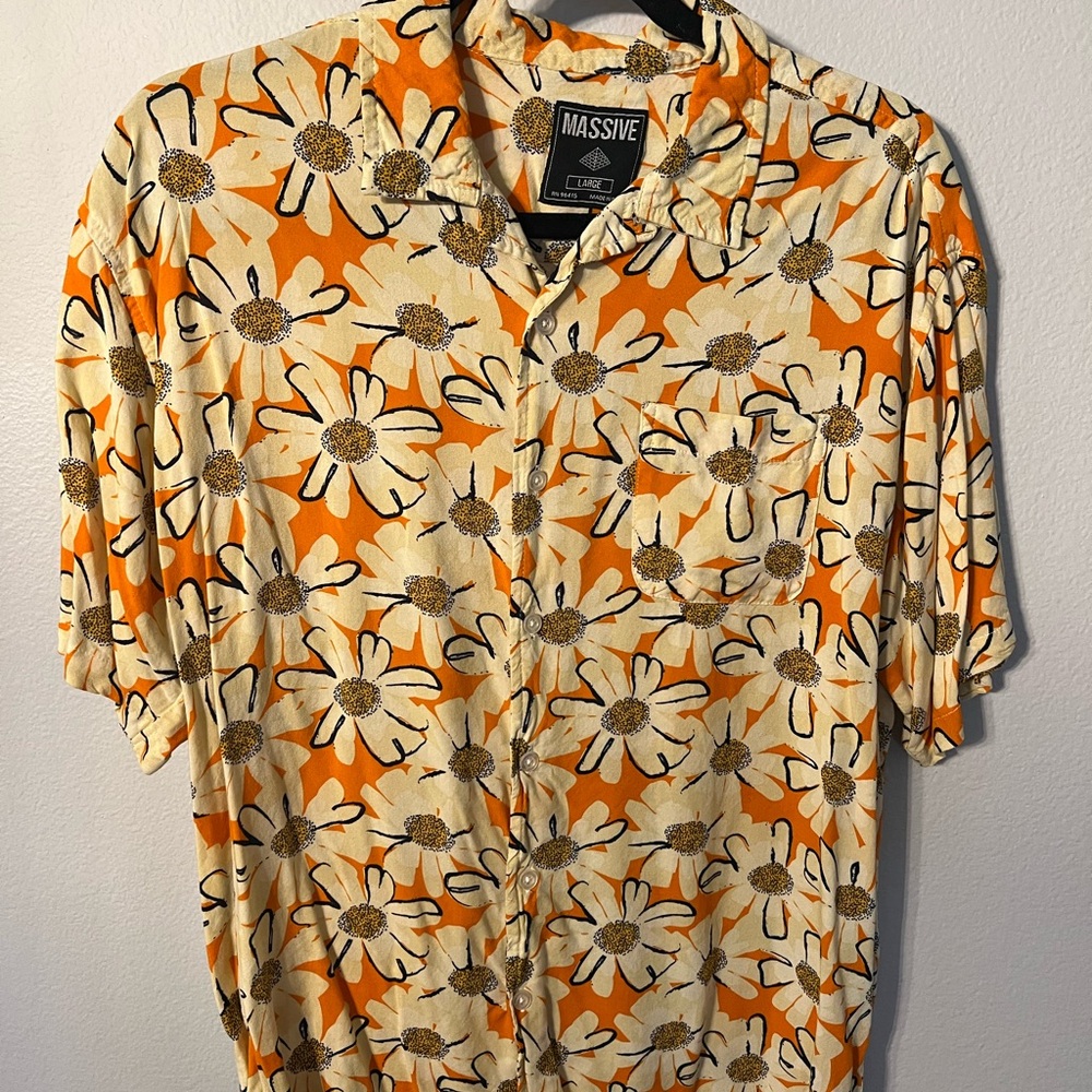 Orange and White Casual Button Down Shirt with Floral Design